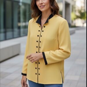 Vintage Bleyle Yellow Button-Up Blouse‎ with Black Velvet Trim Elegant Retro Top